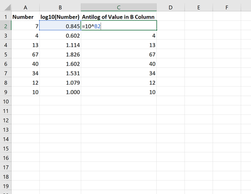Antilog in Excel für Log-Basis 10