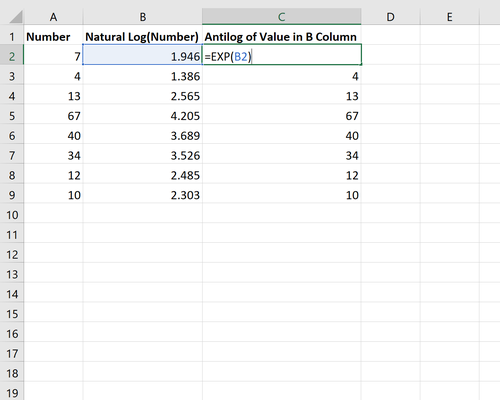 Antilog in Excel für natürlichen Logarithmus