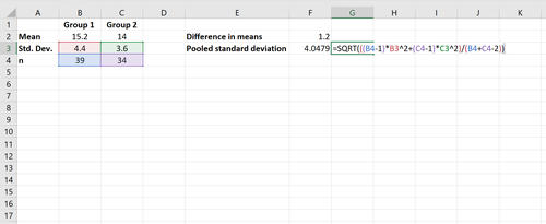 Pooled Standardabweichungsberechnung in Excel