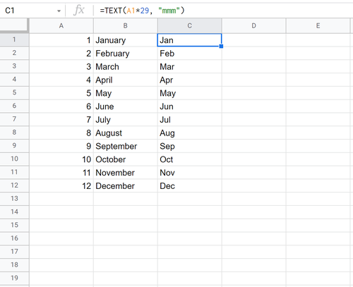 Konvertieren Sie die Monatsnummer in abgekürzte Monatsnamen in Google Tabellen