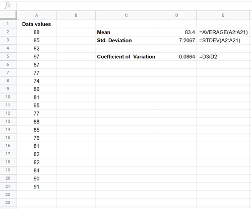 Variationskoeffizient in Google Tabellen