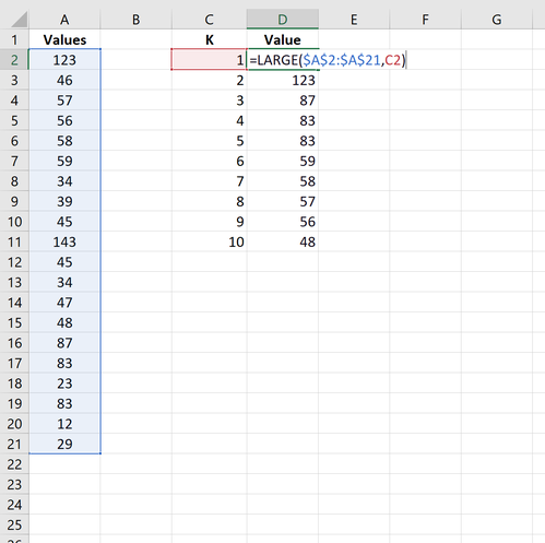 Finden Sie die 10 größten Werte in der Liste in Excel