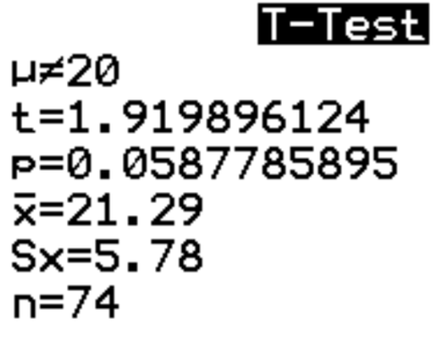 Ausgabe eines Beispiel-T-Tests auf dem TI-84-Rechner
