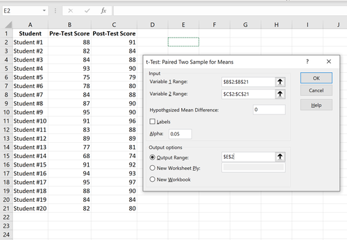 Gepaarte Stichproben zum Testen von Eingabedaten in Excel