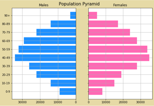 Populationspyramide in Python mit unterschiedlichem Farbschema