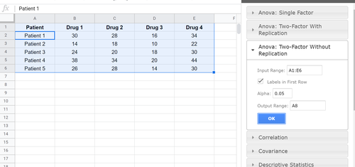 ANOVA mit wiederholten Messungen in Google Tabellen
