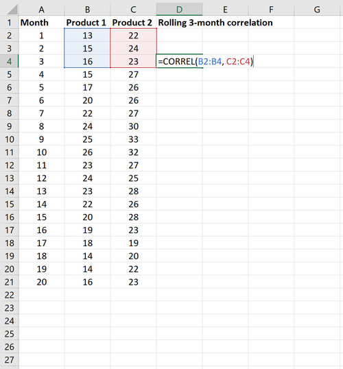 Beispiel für eine rollierende Korrelation in Excel