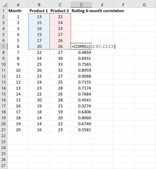 6 Monate rollierende Korrelation in Excel