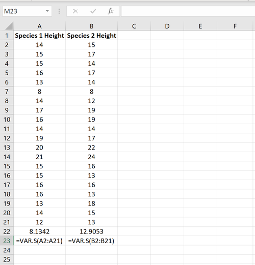 Beispiel für die Ermittlung der Stichprobenvarianz in Excel