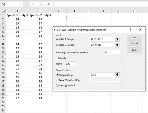 T-Test mit zwei Stichproben mit gleichen Abweichungen in Excel