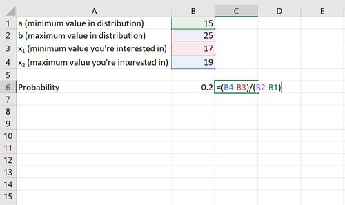 Wahrscheinlichkeitsbeispiel mit einer gleichmäßigen Verteilung in Excel