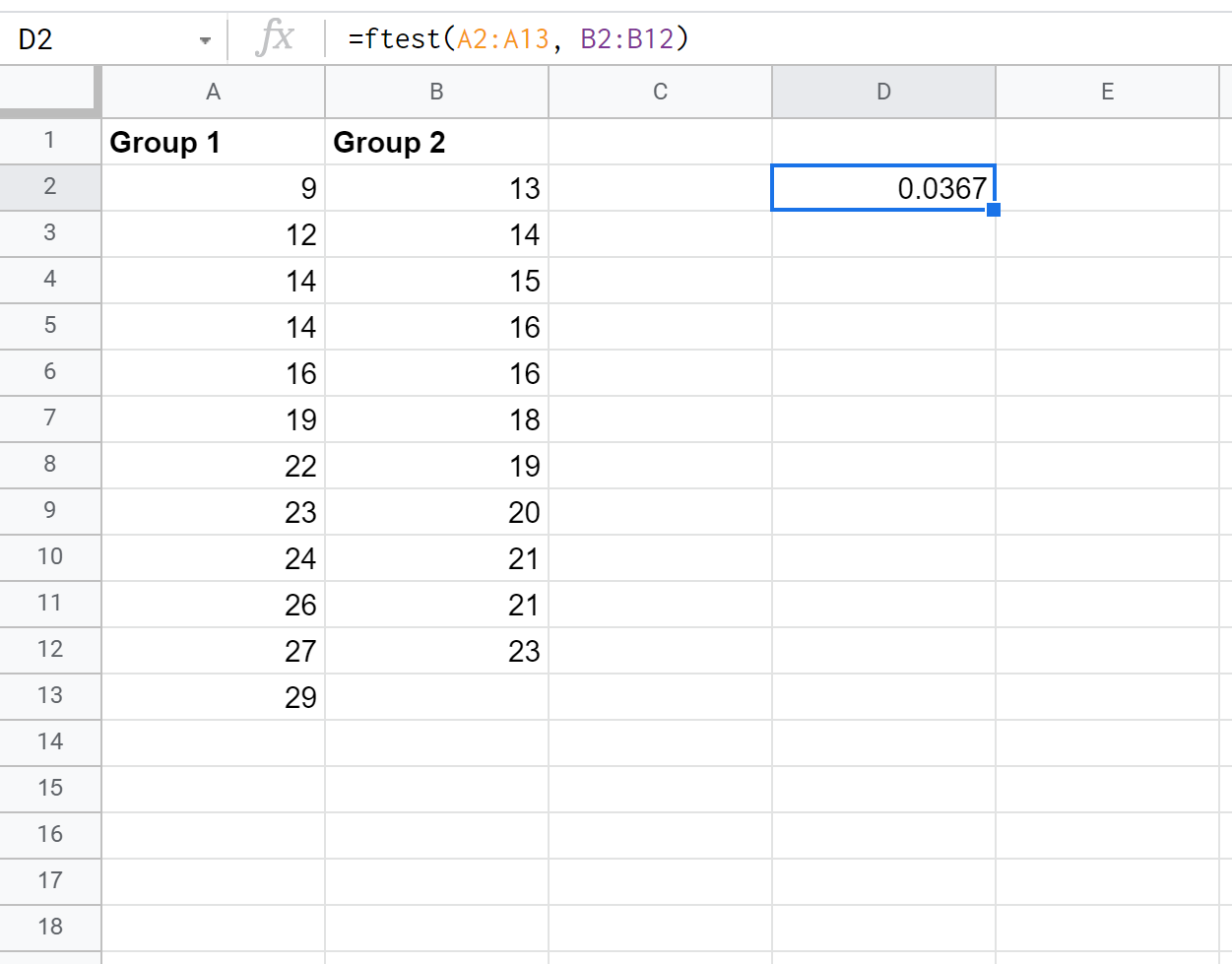 F-Test in Google Sheets