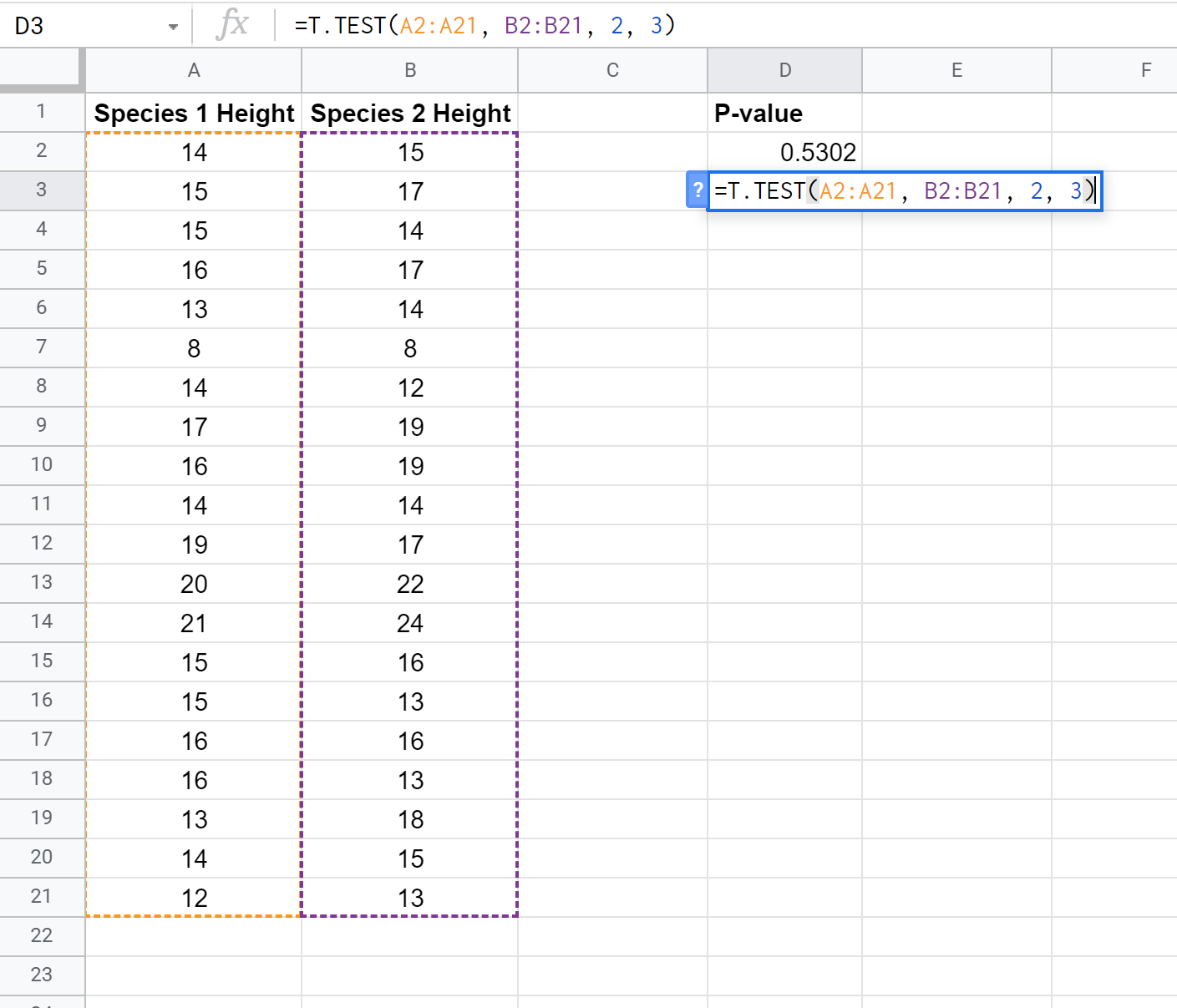 P-Wert-Beispiel in Google Sheets